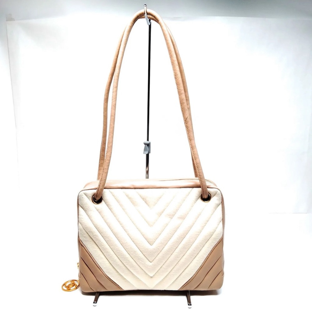 CHANEL V Stitch Women's Shoulder Crossbody Bag Cotton n Leather Beige